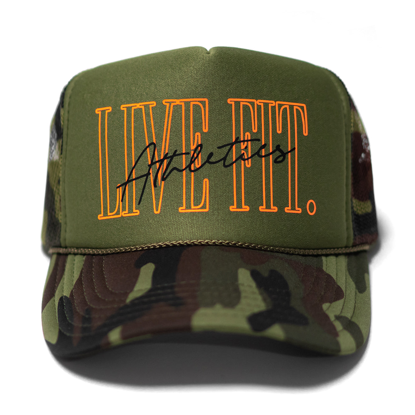 5 Panel Foam Trucker Hat  - Green Camo/Orange