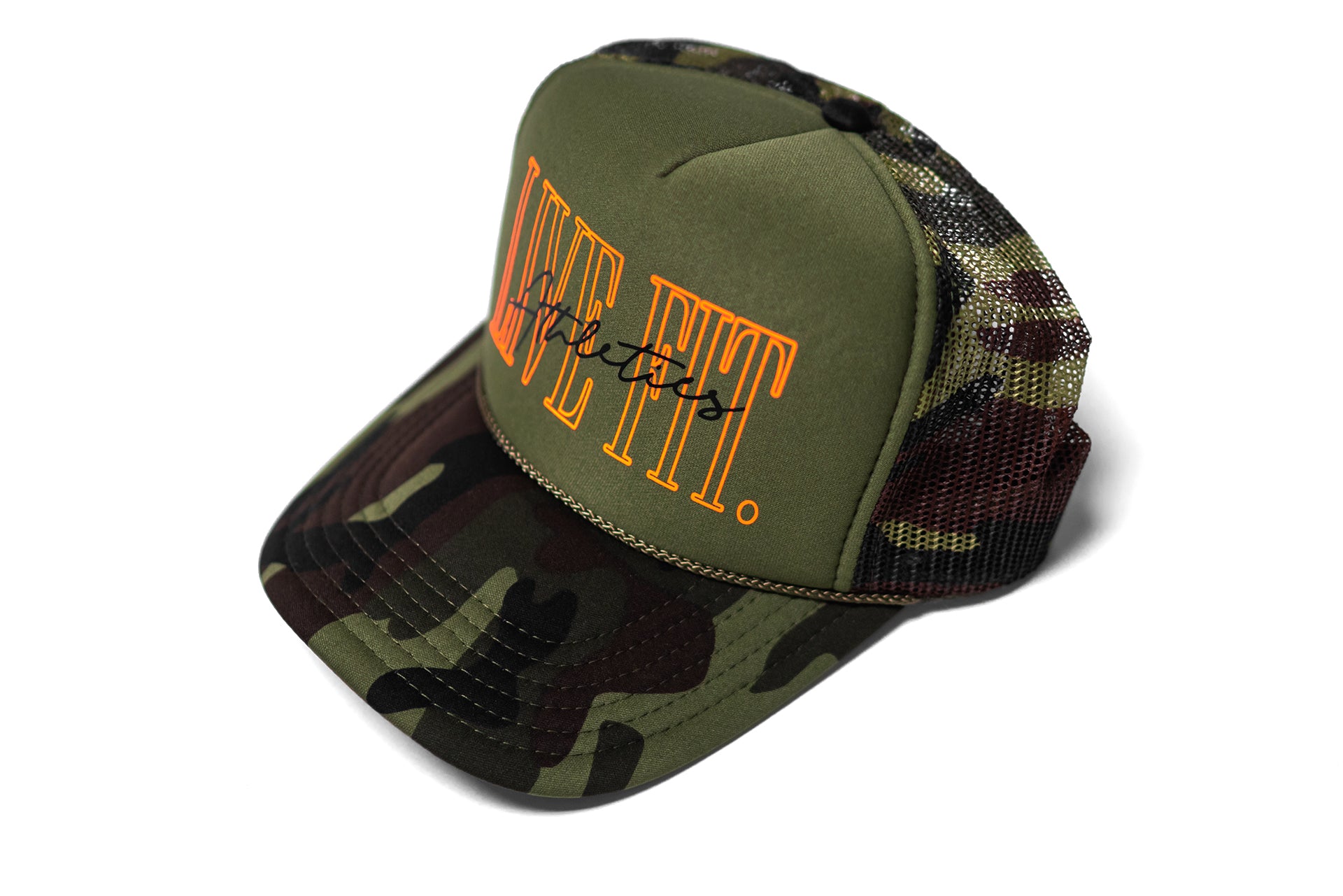 5 Panel Foam Trucker Hat  - Green Camo/Orange