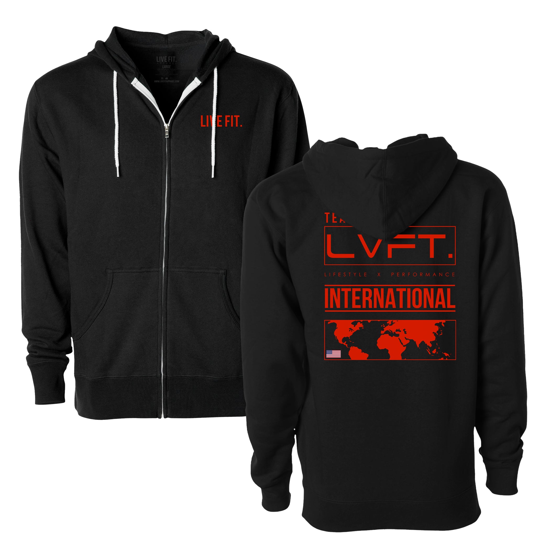 International Zip Up Hoodie - Black / Red